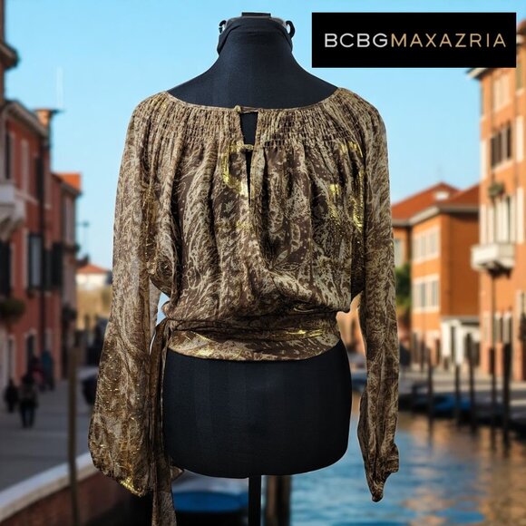 BCBG Maxazria Metallic Paisley Sheer Wrap Blouse Sz S - Picture 1 of 15